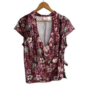 Xhilaration Womens Top XL Burgundy Floral Wrap Y2K Babydoll Asian Satin Fairy